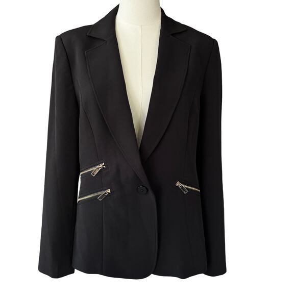 Joseph Ribkoff Classic Black Woven Blazer Gold Zippers Size 10 NWT - Picture 3 of 12